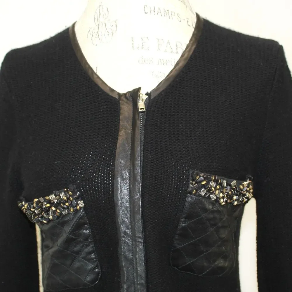 Madison Marcus Black Knit Jacket Blazer Full Zip Embroidered Beads Old Money S
